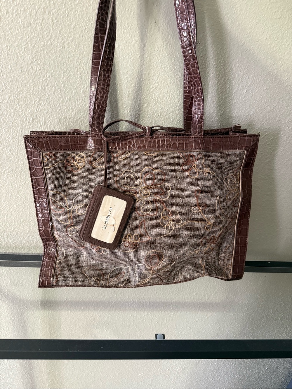 Liz Claiborne Brown Floral Tote Bag Croc Embossed Trim Y2K